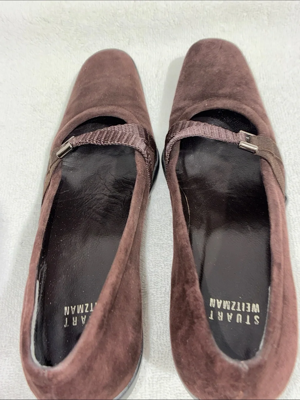 Stuart Weitzman Dark Brown Suede Mid Heel Pumps with Sling Accent